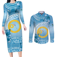 Sanma Vanuatu Couples Matching Long Sleeve Bodycon Dress and Long Sleeve Button Shirt Hibiscus Sand Drawing with Pacific Pattern