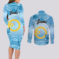 Sanma Vanuatu Couples Matching Long Sleeve Bodycon Dress and Long Sleeve Button Shirt Hibiscus Sand Drawing with Pacific Pattern