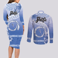 Shefa Vanuatu Couples Matching Long Sleeve Bodycon Dress and Long Sleeve Button Shirt Hibiscus Sand Drawing with Pacific Pattern