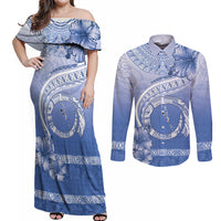 Shefa Vanuatu Couples Matching Off Shoulder Maxi Dress and Long Sleeve Button Shirt Hibiscus Sand Drawing with Pacific Pattern