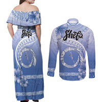 Shefa Vanuatu Couples Matching Off Shoulder Maxi Dress and Long Sleeve Button Shirt Hibiscus Sand Drawing with Pacific Pattern