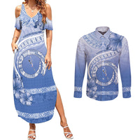 Shefa Vanuatu Couples Matching Summer Maxi Dress and Long Sleeve Button Shirt Hibiscus Sand Drawing with Pacific Pattern