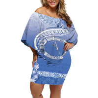 Shefa Vanuatu Off Shoulder Short Dress Hibiscus Sand Drawing with Pacific Pattern LT9 Women Blue Art - Polynesian Pride
