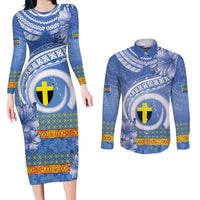Tafea Vanuatu Couples Matching Long Sleeve Bodycon Dress and Long Sleeve Button Shirt Hibiscus Sand Drawing with Pacific Pattern