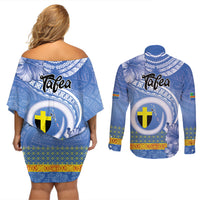 Tafea Vanuatu Couples Matching Off Shoulder Short Dress and Long Sleeve Button Shirt Hibiscus Sand Drawing with Pacific Pattern
