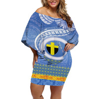 Tafea Vanuatu Off Shoulder Short Dress Hibiscus Sand Drawing with Pacific Pattern LT9 Women Blue Art - Polynesian Pride