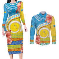 Torba Vanuatu Couples Matching Long Sleeve Bodycon Dress and Long Sleeve Button Shirt Hibiscus Sand Drawing with Pacific Pattern