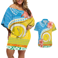 Torba Vanuatu Couples Matching Off Shoulder Short Dress and Hawaiian Shirt Hibiscus Sand Drawing with Pacific Pattern