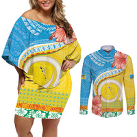 Torba Vanuatu Couples Matching Off Shoulder Short Dress and Long Sleeve Button Shirt Hibiscus Sand Drawing with Pacific Pattern