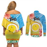 Torba Vanuatu Couples Matching Off Shoulder Short Dress and Long Sleeve Button Shirt Hibiscus Sand Drawing with Pacific Pattern