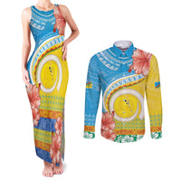 Torba Vanuatu Couples Matching Tank Maxi Dress and Long Sleeve Button Shirt Hibiscus Sand Drawing with Pacific Pattern