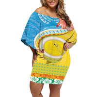 Torba Vanuatu Off Shoulder Short Dress Hibiscus Sand Drawing with Pacific Pattern LT9 Women Green Gold - Polynesian Pride