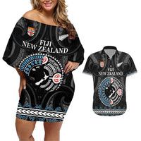 Custom Fiji and New Zealand Couples Matching Off Shoulder Short Dress and Hawaiian Shirt Maori Fern Mix Tapa Tribal Unique LT9 Black - Polynesian Pride