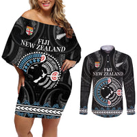 Custom Fiji and New Zealand Couples Matching Off Shoulder Short Dress and Long Sleeve Button Shirt Maori Fern Mix Tapa Tribal Unique LT9 Black - Polynesian Pride