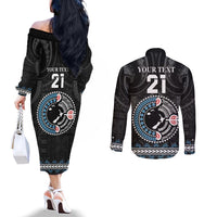 Custom Fiji and New Zealand Couples Matching Off The Shoulder Long Sleeve Dress and Long Sleeve Button Shirt Maori Fern Mix Tapa Tribal Unique LT9 - Polynesian Pride