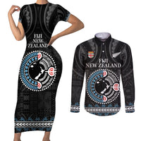 Custom Fiji and New Zealand Couples Matching Short Sleeve Bodycon Dress and Long Sleeve Button Shirt Maori Fern Mix Tapa Tribal Unique LT9 Black - Polynesian Pride