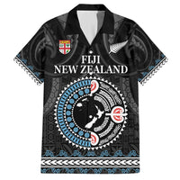 Custom Fiji and New Zealand Family Matching Off Shoulder Short Dress and Hawaiian Shirt Maori Fern Mix Tapa Tribal Unique LT9 Dad's Shirt - Short Sleeve Black - Polynesian Pride