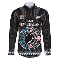 Custom Fiji and New Zealand Family Matching Puletasi and Hawaiian Shirt Maori Fern Mix Tapa Tribal Unique LT9 Dad's Shirt - Long Sleeve Black - Polynesian Pride