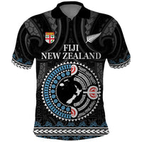 Custom Fiji and New Zealand Polo Shirt Maori Fern Mix Tapa Tribal Unique LT9 Black - Polynesian Pride