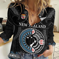 Custom Fiji and New Zealand Women Casual Shirt Maori Fern Mix Tapa Tribal Unique LT9 Female Black - Polynesian Pride