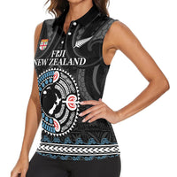 Custom Fiji and New Zealand Women Sleeveless Polo Shirt Maori Fern Mix Tapa Tribal Unique LT9 - Polynesian Pride