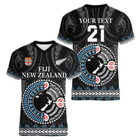 Custom Fiji and New Zealand Women V-Neck T-Shirt Maori Fern Mix Tapa Tribal Unique LT9 - Polynesian Pride