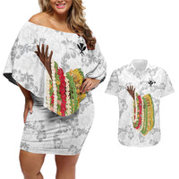 Hawaii Lei Kamehameha Couples Matching Off Shoulder Short Dress and Hawaiian Shirt Ke'oke'o Seamless Pattern Hibiscus Flower