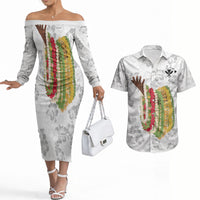 Hawaii Lei Kamehameha Couples Matching Off The Shoulder Long Sleeve Dress and Hawaiian Shirt Ke'oke'o Seamless Pattern Hibiscus Flower LT9 White - Polynesian Pride