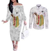 Hawaii Lei Kamehameha Couples Matching Off The Shoulder Long Sleeve Dress and Long Sleeve Button Shirt Ke'oke'o Seamless Pattern Hibiscus Flower