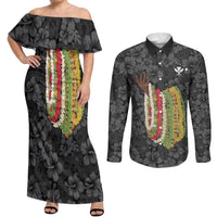 Hawaii Lei Kamehameha Couples Matching Off Shoulder Maxi Dress and Long Sleeve Button Shirt Ele'ele Seamless Pattern Hibiscus Flower LT9 Black - Polynesian Pride