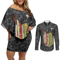 Hawaii Lei Kamehameha Couples Matching Off Shoulder Short Dress and Long Sleeve Button Shirt Ele'ele Seamless Pattern Hibiscus Flower LT9 Black - Polynesian Pride