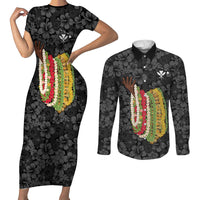 Hawaii Lei Kamehameha Couples Matching Short Sleeve Bodycon Dress and Long Sleeve Button Shirt Ele'ele Seamless Pattern Hibiscus Flower LT9 Black - Polynesian Pride