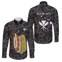 Hawaii Lei Kamehameha Family Matching Off The Shoulder Long Sleeve Dress and Hawaiian Shirt Ele'ele Seamless Pattern Hibiscus Flower LT9 Dad's Shirt - Long Sleeve Black - Polynesian Pride