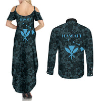 Hawaii Lei Kamehameha Couples Matching Summer Maxi Dress and Long Sleeve Button Shirt Uliuli Seamless Pattern Hibiscus Flower LT9 - Polynesian Pride