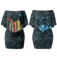 Hawaii Lei Kamehameha Family Matching Off Shoulder Short Dress and Hawaiian Shirt Uliuli Seamless Pattern Hibiscus Flower LT9 Mom's Dress Blue - Polynesian Pride
