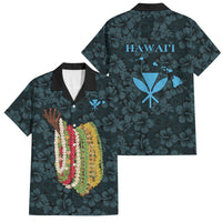 Hawaii Lei Kamehameha Family Matching Off Shoulder Short Dress and Hawaiian Shirt Uliuli Seamless Pattern Hibiscus Flower LT9 Dad's Shirt - Short Sleeve Blue - Polynesian Pride