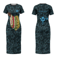 Hawaii Lei Kamehameha Family Matching Short Sleeve Bodycon Dress and Hawaiian Shirt Uliuli Seamless Pattern Hibiscus Flower LT9 Mom's Dress Blue - Polynesian Pride