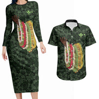 Hawaii Lei Kamehameha Couples Matching Long Sleeve Bodycon Dress and Hawaiian Shirt Oma'oma'o Seamless Pattern Hibiscus Flower LT9 Green - Polynesian Pride
