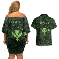 Hawaii Lei Kamehameha Couples Matching Off Shoulder Short Dress and Hawaiian Shirt Oma'oma'o Seamless Pattern Hibiscus Flower