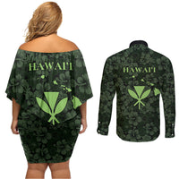 Hawaii Lei Kamehameha Couples Matching Off Shoulder Short Dress and Long Sleeve Button Shirt Oma'oma'o Seamless Pattern Hibiscus Flower