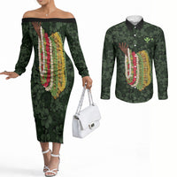 Hawaii Lei Kamehameha Couples Matching Off The Shoulder Long Sleeve Dress and Long Sleeve Button Shirt Oma'oma'o Seamless Pattern Hibiscus Flower LT9 Green - Polynesian Pride