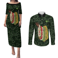 Hawaii Lei Kamehameha Couples Matching Puletasi and Long Sleeve Button Shirt Oma'oma'o Seamless Pattern Hibiscus Flower LT9 Green - Polynesian Pride
