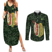 Hawaii Lei Kamehameha Couples Matching Summer Maxi Dress and Long Sleeve Button Shirt Oma'oma'o Seamless Pattern Hibiscus Flower