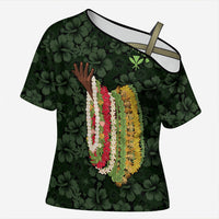 Hawaii Lei Kamehameha Cross Shoulder Shirt Oma'oma'o Seamless Pattern Hibiscus Flower LT9 Female Green - Polynesian Pride