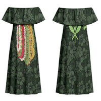 Hawaii Lei Kamehameha Family Matching Off Shoulder Maxi Dress and Hawaiian Shirt Oma'oma'o Seamless Pattern Hibiscus Flower LT9 Mom's Dress Green - Polynesian Pride