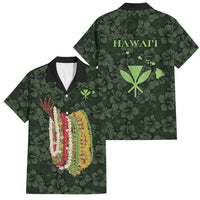 Hawaii Lei Kamehameha Family Matching Off Shoulder Maxi Dress and Hawaiian Shirt Oma'oma'o Seamless Pattern Hibiscus Flower LT9 Dad's Shirt - Short Sleeve Green - Polynesian Pride