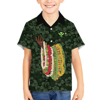 Hawaii Lei Kamehameha Family Matching Off Shoulder Maxi Dress and Hawaiian Shirt Oma'oma'o Seamless Pattern Hibiscus Flower LT9 Son's Shirt Green - Polynesian Pride