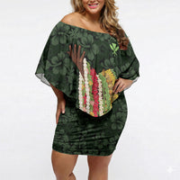 Hawaii Lei Kamehameha Off Shoulder Short Dress Oma'oma'o Seamless Pattern Hibiscus Flower LT9 Women Green - Polynesian Pride