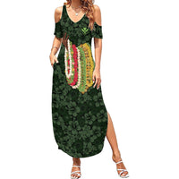 Hawaii Lei Kamehameha Summer Maxi Dress Oma'oma'o Seamless Pattern Hibiscus Flower LT9 Women Green - Polynesian Pride