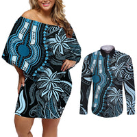 Polynesia Dashiki Couples Matching Off Shoulder Short Dress and Long Sleeve Button Shirts Polynesia and Africa Traditional Special Together Blue LT9 Blue - Polynesian Pride